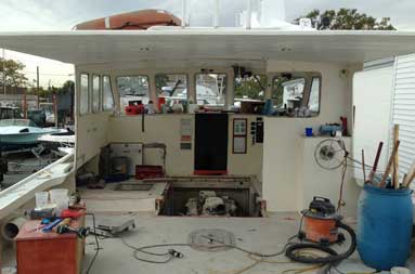 View from the back of the boat looking towards the deckhouse with the back of it removed