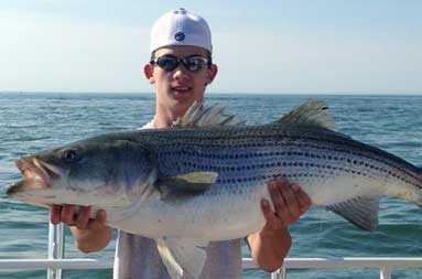 One of the teenage boys holds up his large bass