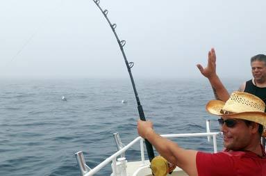 Fighting a 250 lb blue shark.