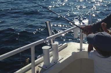 Close up of one of the guys reeling in a fish with the sun shining brightly on the water