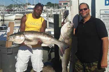 Back at the marina, Metrit holds his striped bass as he stands next to his friend