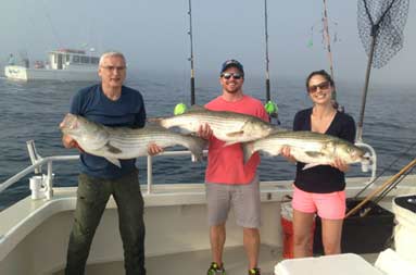 Group pic of the three guests (2 men and 1 woman) each holding the large bass they caught” /><span class=