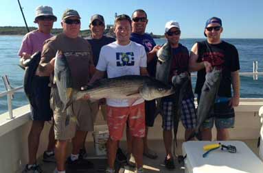 Sunny day group shot of everyone together and one of the guys in the front holding a large bass in both hands. 