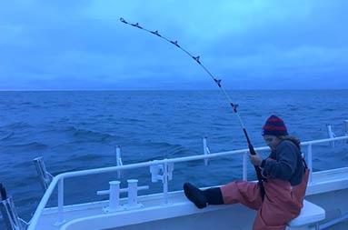 Early in the morning with a blue tint over the sky, a young boy has one foot up on the side of the boat and he grapples with the rod to reel in a fish. 