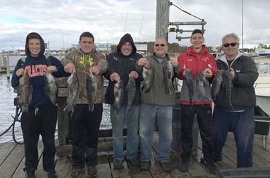 A group of 6 teenage and middle-aged men stand on the dock back at the marina and smile as they hold up 2 sea bass each.