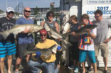 A group of 7 pose with their catch back at the marina.