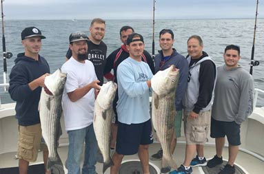 A group of 8 men smile for the camera, while 3 of them hold up the striped bass they each caught.