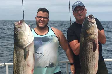 Two men each hold up the striped bass they caught for the camera.