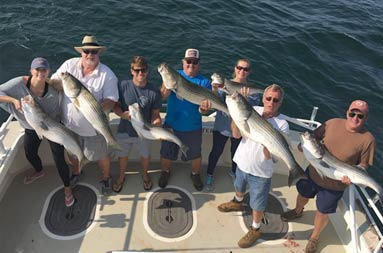 View from atop the boat looking down to the deck of 7 adult men and women holding up the striped bass they caught.