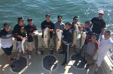 View from atop the boat looking down at the deck at a group of 11 men, some holding up striped bass.