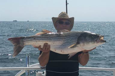 With the sun sparkling on the water behind him, a man holds up the striped bass he caught.