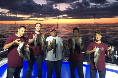 With a dark cloudy purplish sky above and a bright yellow/orange sunset in the distance, five men smile as they each hold up 2 sea bass.