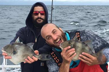 Two men each hold up the trigger fish they caught. One pretends to be eating it.