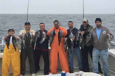 Six men and one teenage boy each hold up two sea bass.