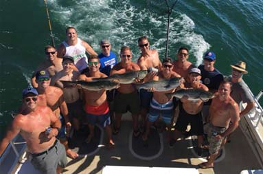 An overhead shot of 15 guys, smiling for the camera, some holding up striped bass.