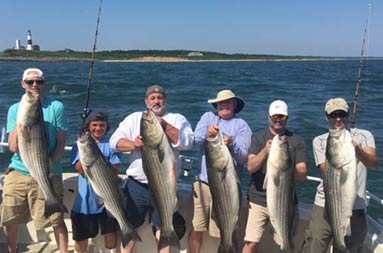 Five men and one boy show off the striped bass they each caught.