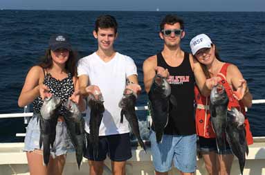 A group of 2 men and 2 women each hold up 2 sea bass.