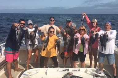 A group of 8 men and women each hold up 2 striped bass for the camera.