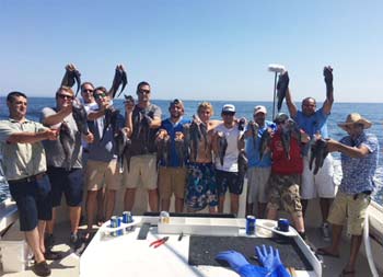 A group of 12 men smile and each hold up 2 sea bass for the camera.