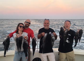 With the sun setting behind them in a light pinkish-yellow sky, three men and a woman smile and each hold up two sea bass.