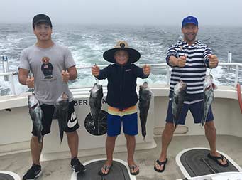 On an overcast day, a young boy and two men all hold up sea bass and smile.