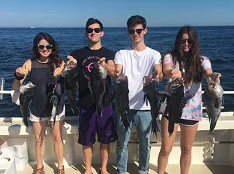 With the ocean behind them on a sunny day, two young men and two young women each hold up sea bass.