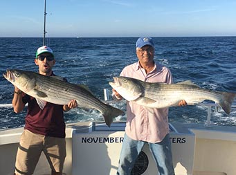 Two men standing side by side each hold up a striped bass