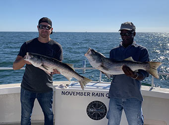 With a sunny clear blue sky above them, two men, both wearing sunglasses, each hold up the striped bass they caught .
